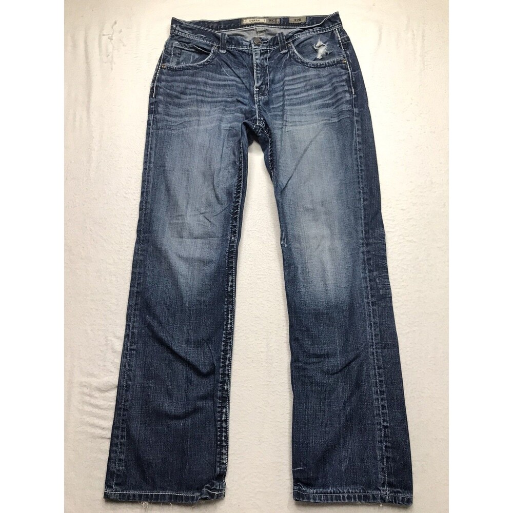 BKE Derek Bootcut Jean Men 32R (34x32) Light Wash Whisker Distressed